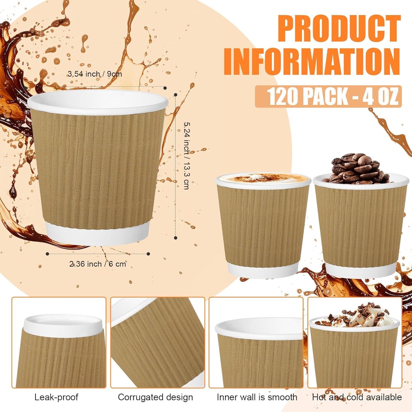 240Pack Paper Espresso Coffee Cups, 4 oz Disposable Coffee Cups,Corrugated Insulated Ripple Wall, Paper Ripple Cups for Coffee, Hot Chocolate and Hot Tea Drinks -Champagne