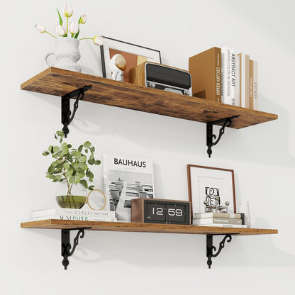 RICHFOCUS Floating Shelves for Wall Decor, 35.4W x 8D Wall Shelves Set of 2, 8 Inch Deep Rustic Wood Shelves Wall Mounted with Brackets, Long Shelves for Living Room Bedroom Kitchen, Rustic Brown