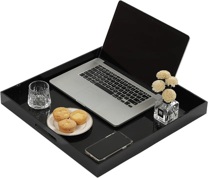 Glossy Black Sturdy Acrylic Serving Tray with Handles-24x24Inch-Serving Coffee,Appetizer,Breakfast,Butler-Kitchen Countertop Tray-Makeup Drawer Organizer-Vanity Table,Ottoman Tray-Decorative
