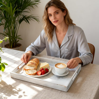 S310 Rustic White Wood Serving Tray with Handles, 17 Inch Wooden Tray for Ottoman, Breakfast, Lunch, Dinner, Decorative Rectangular Tray for Living Room, Kitchen Counter, Outdoor
