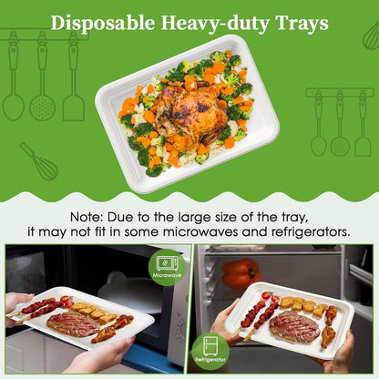 ECOLipak 50 Pack 14 Inch Disposable Food Crawfish Trays, Compostable Large Paper Plates, Disposable Thanksgiving Trays for Serving Food, Turkey, BBQ, Seafood Boil Party Supplies(White)