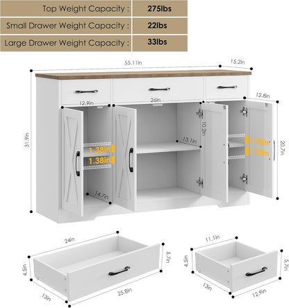 HOSTACK Buffet Cabinet with Drawers, 55" Large Sideboard Buffet Storage Cabinet with Shelves and Doors, Modern Farmhouse Coffee Bar Station Wood Kitchen Table for Kitchen, Dining Room, White/Rustic