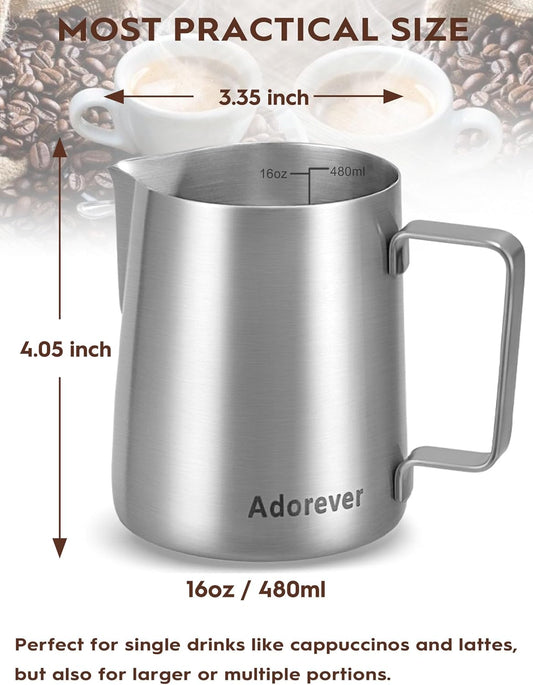 Milk Frothing Pitcher, 16oz Stainless Steel Milk Frother Cup Steaming Pitcher, Cappuccino Espresso Accessories Coffee Bar Barista Tools, Metal Steamer Cup Milk Jug with Latte Art Pen