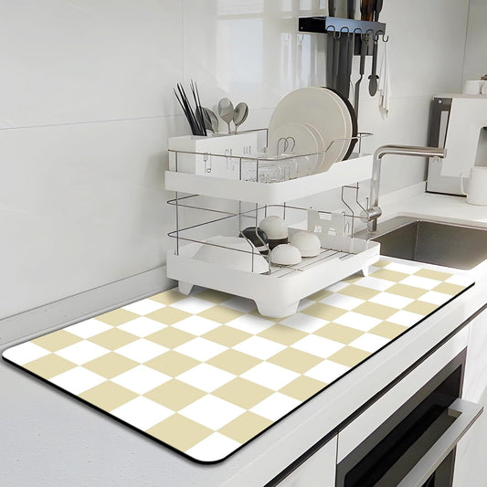Checkered Dish Drying Mat for Kitchen, 15.7'' x 23.6'' Coffee Bar Mat for Countertops, Coffee Station Mats with Non-slip Rubber Backed, Absorbent Dish Dying Mat for Kitchen Counter, Beige & White