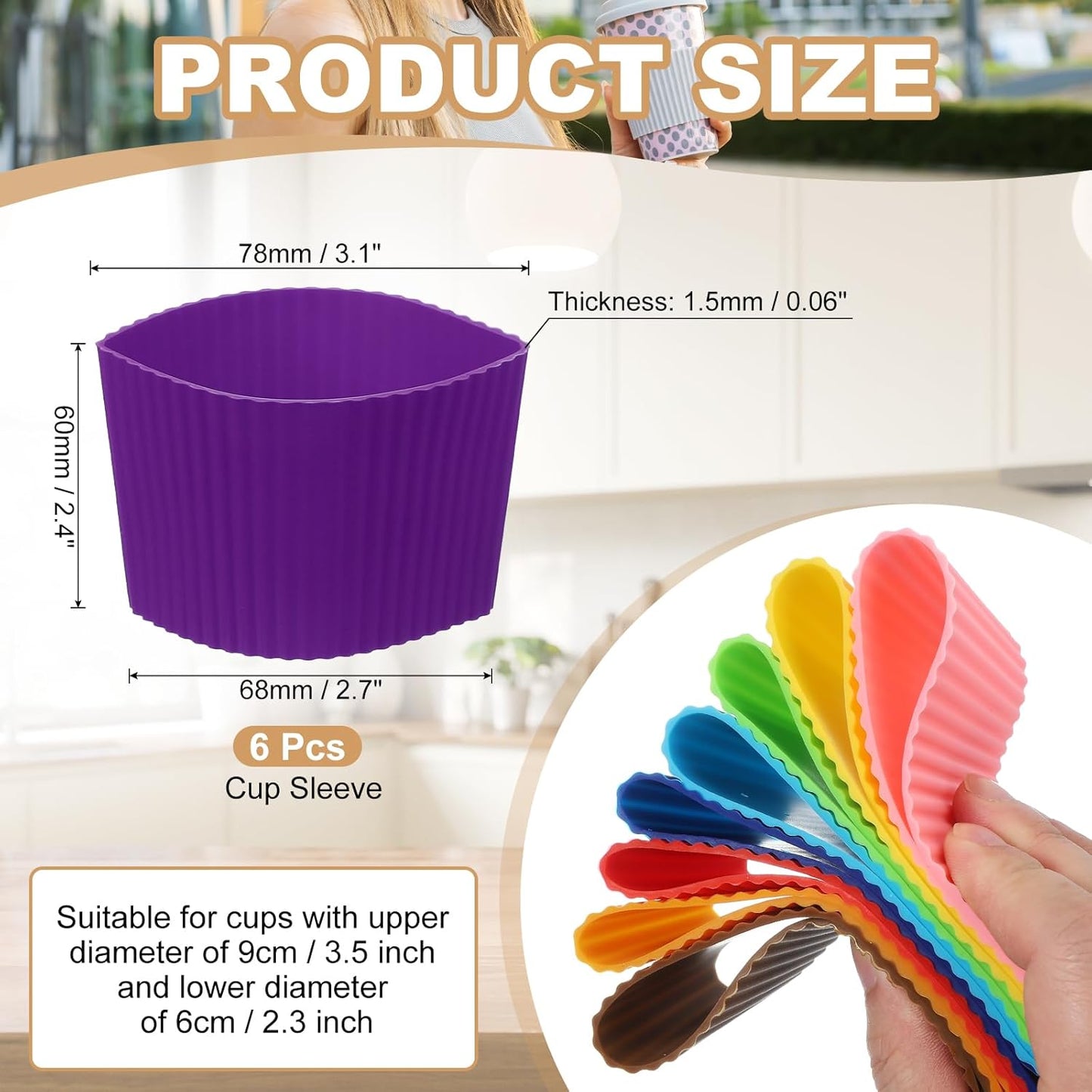 uxcell 6Pack Coffee Cup Sleeves, Reusable Silicone Heat Resistant Cup Protective Sleeve Nonslip Mug Protector Cover for Home Travel Coffee Mug Glasses Water Bottle Boots, Purple