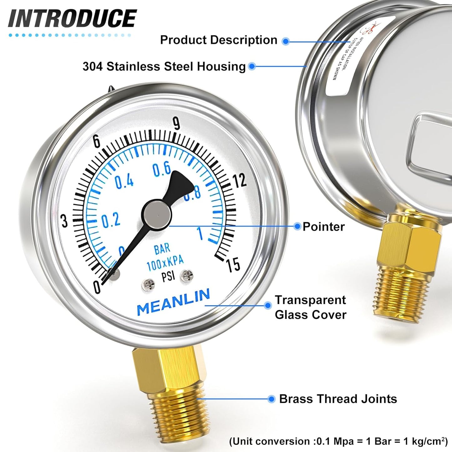 MEANLIN MEASURE 0~15Psi Dry Low Pressure Gauge Stainless Steel 1/4" NPT 2" FACE DIAL Waterproof for Water Oil Air Well Pump Tank Tire Pressure Test Lower Mount, with 1/2" NPT and 3/8" NPT Hex Bushing