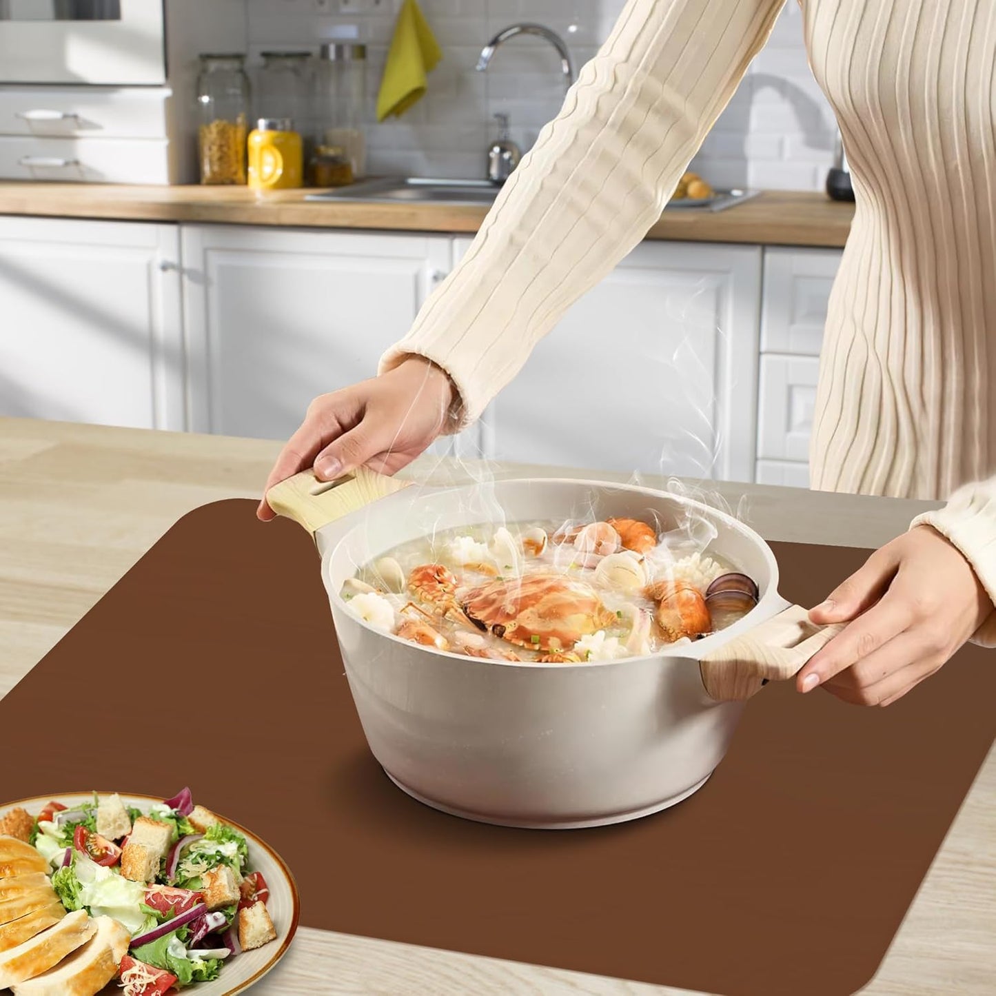 Silicone Mat for Kitchen Counter, Silicone Mat Trimable to Size (Brown, 23.6×15.7inch-2PCS), BPA-Free Silicone Placemat, Heat-Resistant NonSlip Table Mat for Air Fryer, Countertop Protector Mat