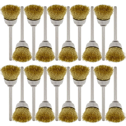 20PCS Brass Wire Brushes - Metal Rust Removal, Cleaning, and Polishing - 15mm Diameter, 1/8″ (3mm) Shaft - Removes Burrs, Dust, and Oxide Layer - Handles Rough Surfaces - Rotary Tool Accessories