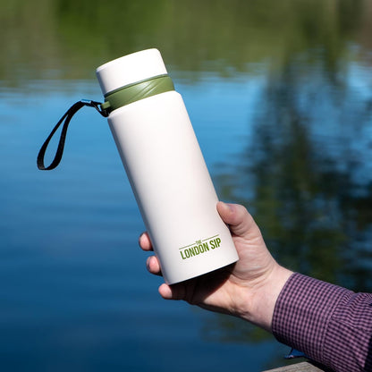 London Sip 25 oz Multi-Purpose Tea Infuser Mug – Fruit Infuser Water Bottle for Hot and Cold – Double Wall Stainless Steel Insulated, Safari Beige