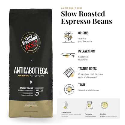 Caffe Vergnano 1882 Antica Bottega Whole Bean Arabica Medium Roast Espresso, 2.2 lbs Bag - Italian Coffee Beans with notes of Chocolate, Nuts & Caramel, Intensity 5/10-1000g Bag