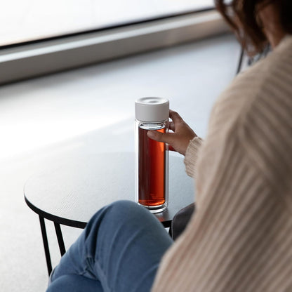 Glass Multi Tea Infuser Bottle 14oz - Double Wall Borosilicate Glass Flask | No Plastic Touches Contents | Perfect for Office or Home - White