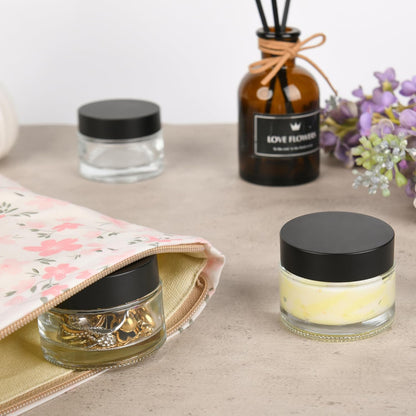 Glass Jars with Lids,Eco-Friendly Cosmetic Containers with Airtight Black Lids & Liners, Multi-Color Options for Cream, Lotion, Body Butter, DIY Skincare Travel Jars (Clear, 2oz)