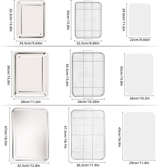 Air Fryer Basket for Oven, 3 Set Stainless Steel Oven Air Fryer Basket and Tray with 90 PCS Parchment Papers, OPENICE Air Fryer Pans and Crisper Tray - 18.7" x 12.8", 15.6" × 11.6" & 12.8" × 9.6"