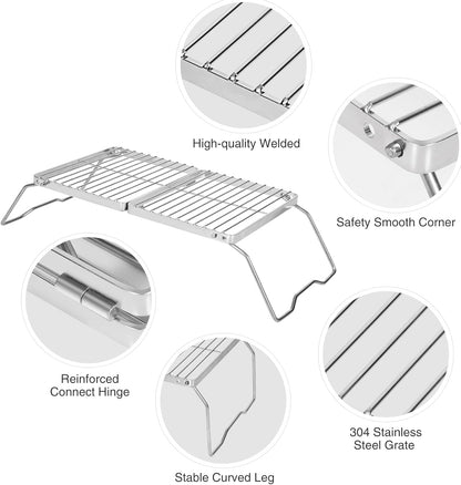 REDCAMP Folding Campfire Grill 304 Stainless Steel Grate, Adjustable Height Portable Camping Grill with Carrying Bag for Outdoor Cooking BBQ