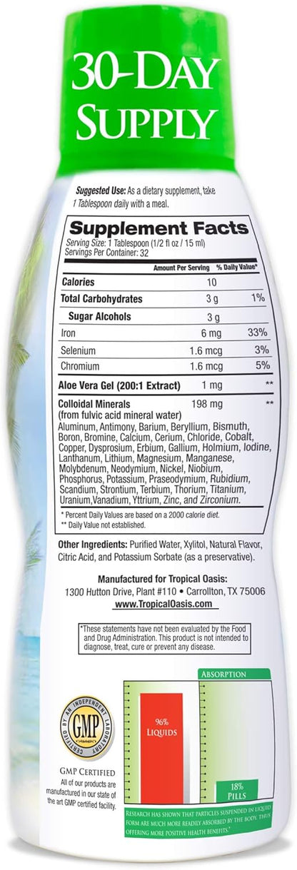 Tropical Oasis - Premium Ionized Plant Based Trace Minerals Liquid Formula- 74 essential minerals in liquid form for up to 96% Absorption - 16 oz, 32 servings