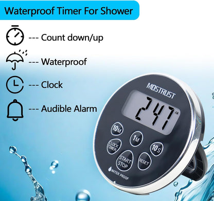 Digital Waterproof Shower Timer Clock, Bathroom Countdown Kitchen Cooking Timer with Alarm, Magnetic Back, Stand Silver Black
