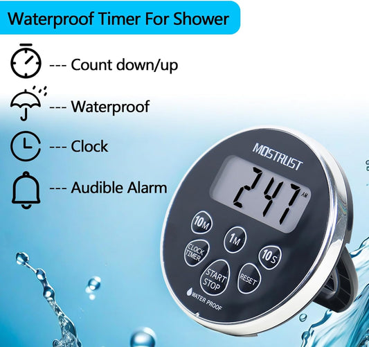 Digital Waterproof Shower Timer Clock, Bathroom Countdown Kitchen Cooking Timer with Alarm, Magnetic Back, Stand Silver Black