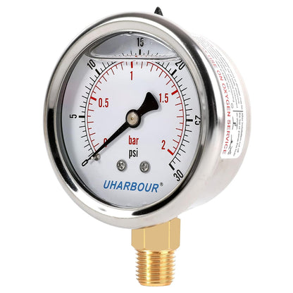 Glycerin Filled Low Pressure Gauge 30psi/2bar, Stainless Steel case, Brass Inside Construction, 2-1/2" dial, 1/4" NPT Rear Connection.