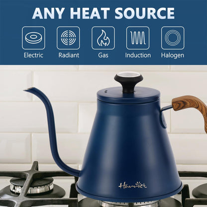 Harriet Gooseneck Kettle with Thermometer for Pour Over Coffee and Tea, 37 fl oz, Stainless Steel, Durable 3-Layer Base, Ideal Spout for Precision Pouring, Compatible with all Stove Tops, Blue