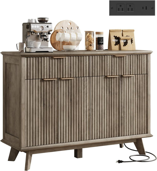 QUW Fluted Buffet Sideboard Cabinet with Storage, 47.2" Kitchen Cabinet with Drawers and Adjustable Shelves, Modern Coffee Bar with Charging Station, for Dining Room, Living Room, Grey