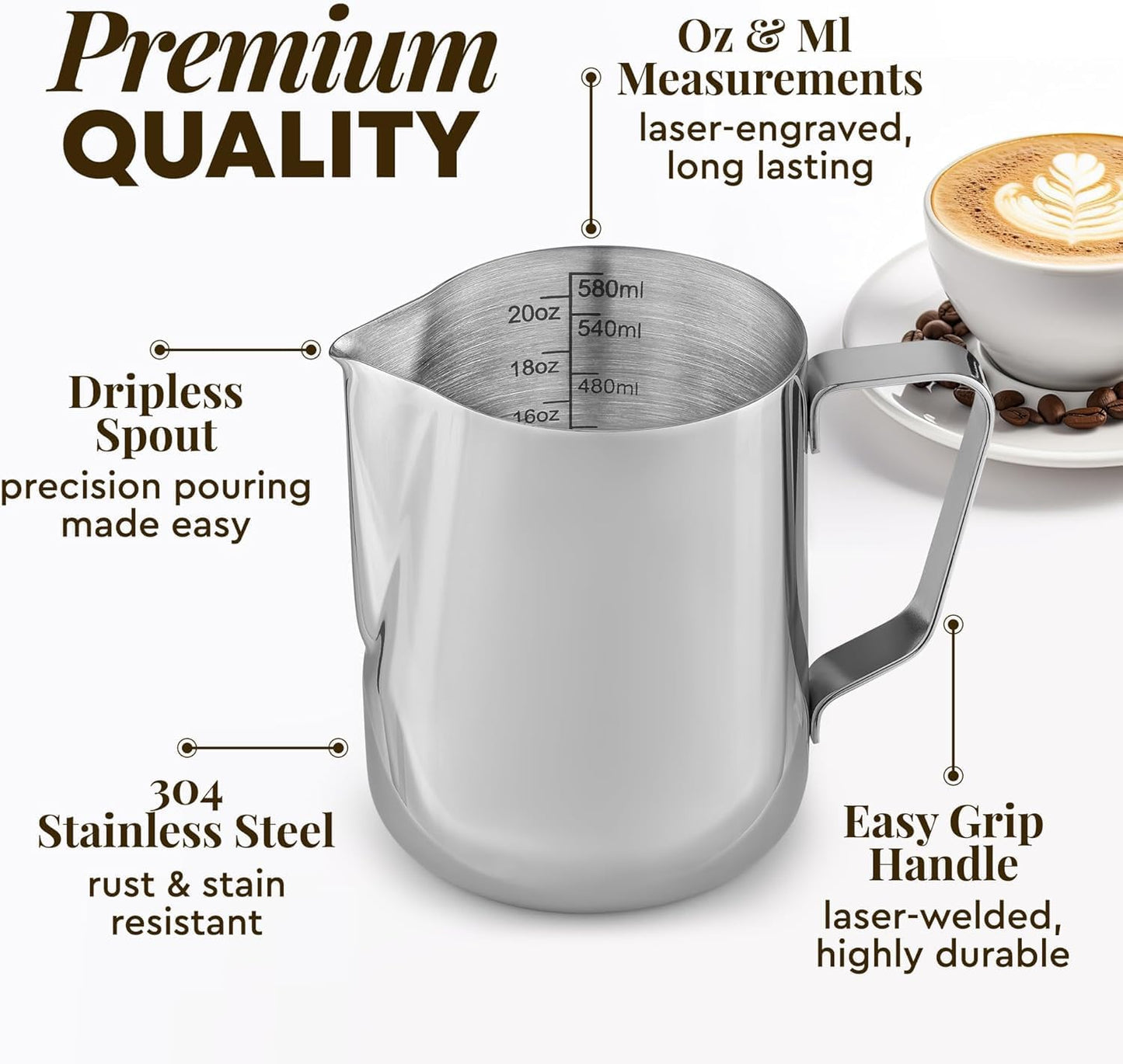 Zulay Milk Frothing Pitcher with Latte Art Pen – 12oz 20oz 32oz - Stainless Steel Frother Cup with Measurement Markings, Espresso & Coffee Accessories Creamer Jug with Laser-Welded Handle - 32 oz