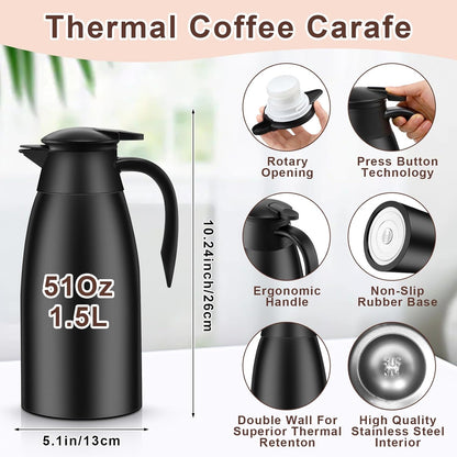 Norme 2 Pcs Thermal Coffee Carafe Insulated Stainless Steel Coffee Carafe for Hot Liquid Vacuum Thermal Pot Creamer Pitcher Dispenser with Brushes Keeping Hot Water Milk(Black,51 oz)