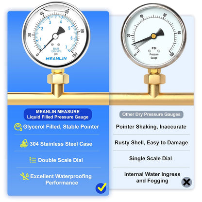 MEANLIN MEASURE 0~100Psi Stainless Steel 1/4" NPT 4" FACE DIAL Liquid Filled Pressure Gauge WOG Water Oil Air Lower Mount, with 1/2" NPT and 3/8" NPT Hex Bushing