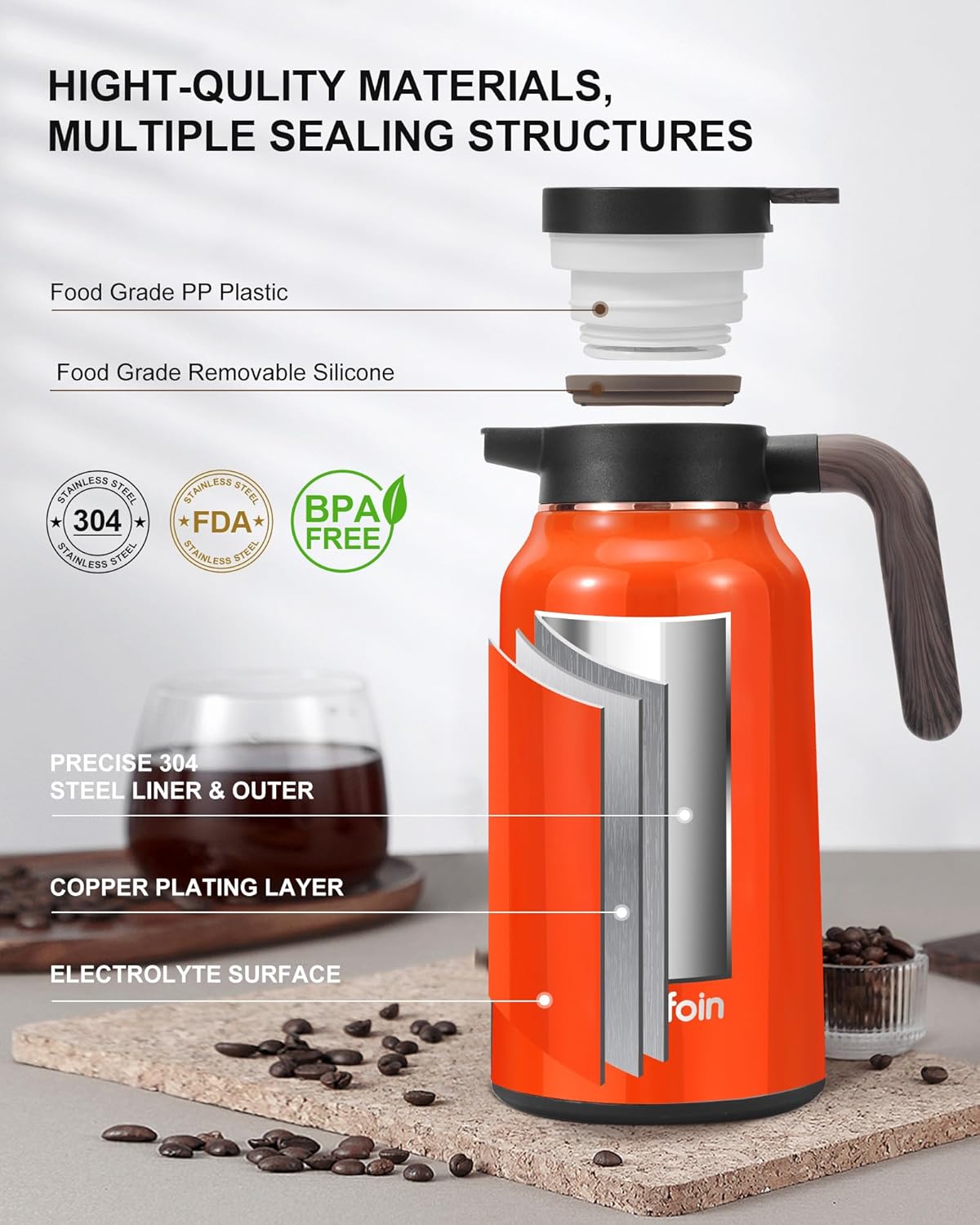 Carafes for Hot Liquids 70 oz - 12 Hour Stainless Steel Thermal Coffee Carafe-Insulated Coffee Carafes For Keeping Hot/Cold Coffee, Tea, Water, Drink Dispenser for Parties(Orange)