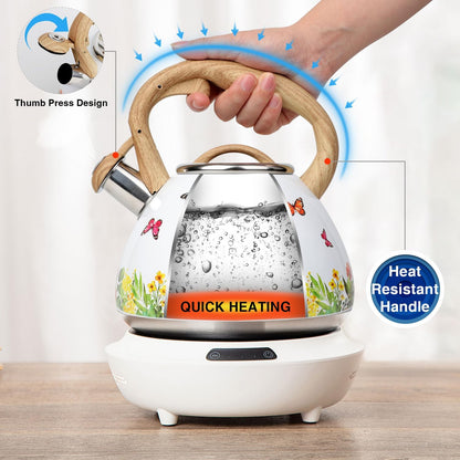 Tea Kettle, Toptier Teapot Whistling Kettle with Wood Pattern Handle Loud Whistle, Food Grade Stainless Steel Tea Pot for Stovetops Induction Water Kettle, 2.7-Quart Butterfly