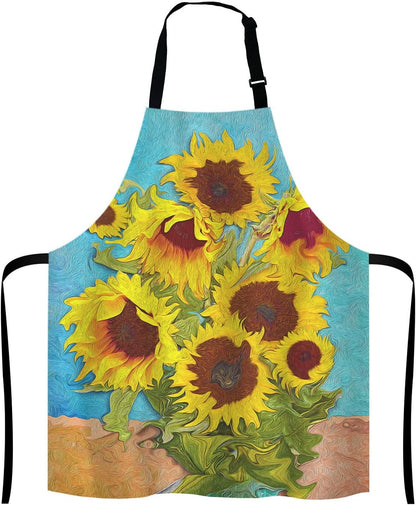 Apron, Oil Painting Sunflower Unisex Kitchen Bib with Adjustable Neck for Cooking Gardening,Adult Size