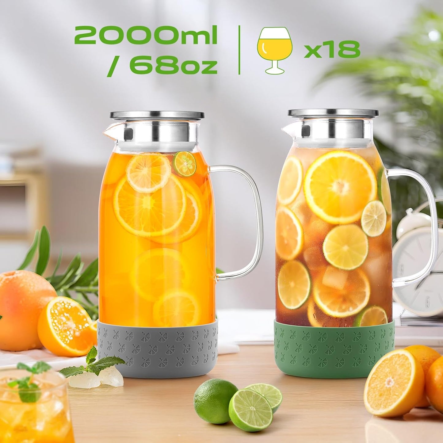 Glass Pitcher with Lid, ZBUFAN 68oz/2 Liter Glass Water Pitcher with Handle and Lid, Anti-Slip Base Juice Jug for Ice Tea, Sun Tea, Sangria, Lemonade Fridge Pitchers for Drinks Gray