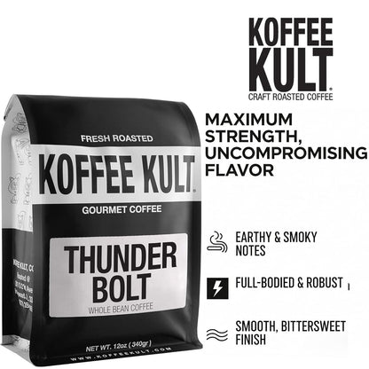 Koffee Kult Thunder Bolt - Whole Bean Coffee, Dark French Roast, 100% Arabica, Robust Blend, Bold Strong Artisan Flavor, 12oz Resealable Package