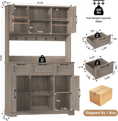 HIFIT 72" Kitchen Pantry Hutch Cabinet with Storage, Farmhouse Wood Coffee Bar with Wine Rack and Microwave Stand, Tall Storage Cabinet with Barn Doors and Shelves for Dining Living Room, Ash Grey
