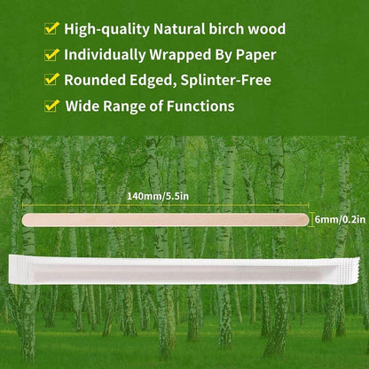 200pcs Individually Wrapped Coffee Stirrers Wood - 5.5" Coffee Stir Sticks, Round End Disposable coffee stirrer, For Coffee, Cocktail and Hot Drinks