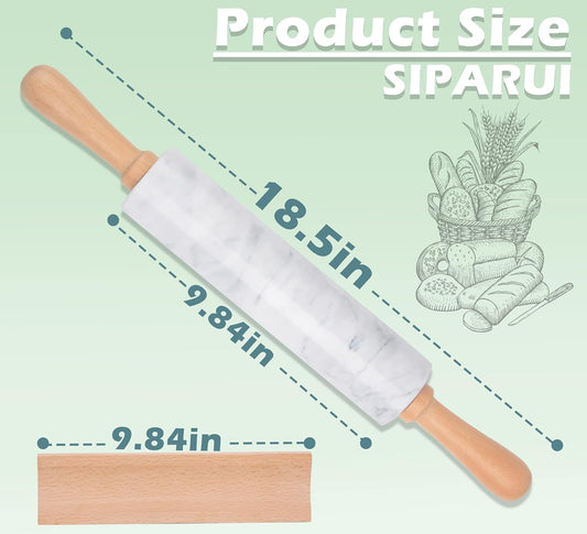 Marble Rolling Pin with Wooden Cradle Thick Handle Set for Baking,18.5 inch Premium Quality Polished Roller for Pizza Dough,Fondant,Pie Crust,Non-Stick Surface Easy to Clean(White)