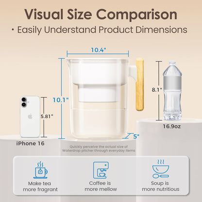 Waterdrop Water Filter Pitcher with 1 Filter, 200-Gallon Long-Life, Chubby 10-Cup Large Water Filter Pitcher, NSF Certified, 5X Times Lifetime, Reduces PFOA/PFOS, BPA Free, White
