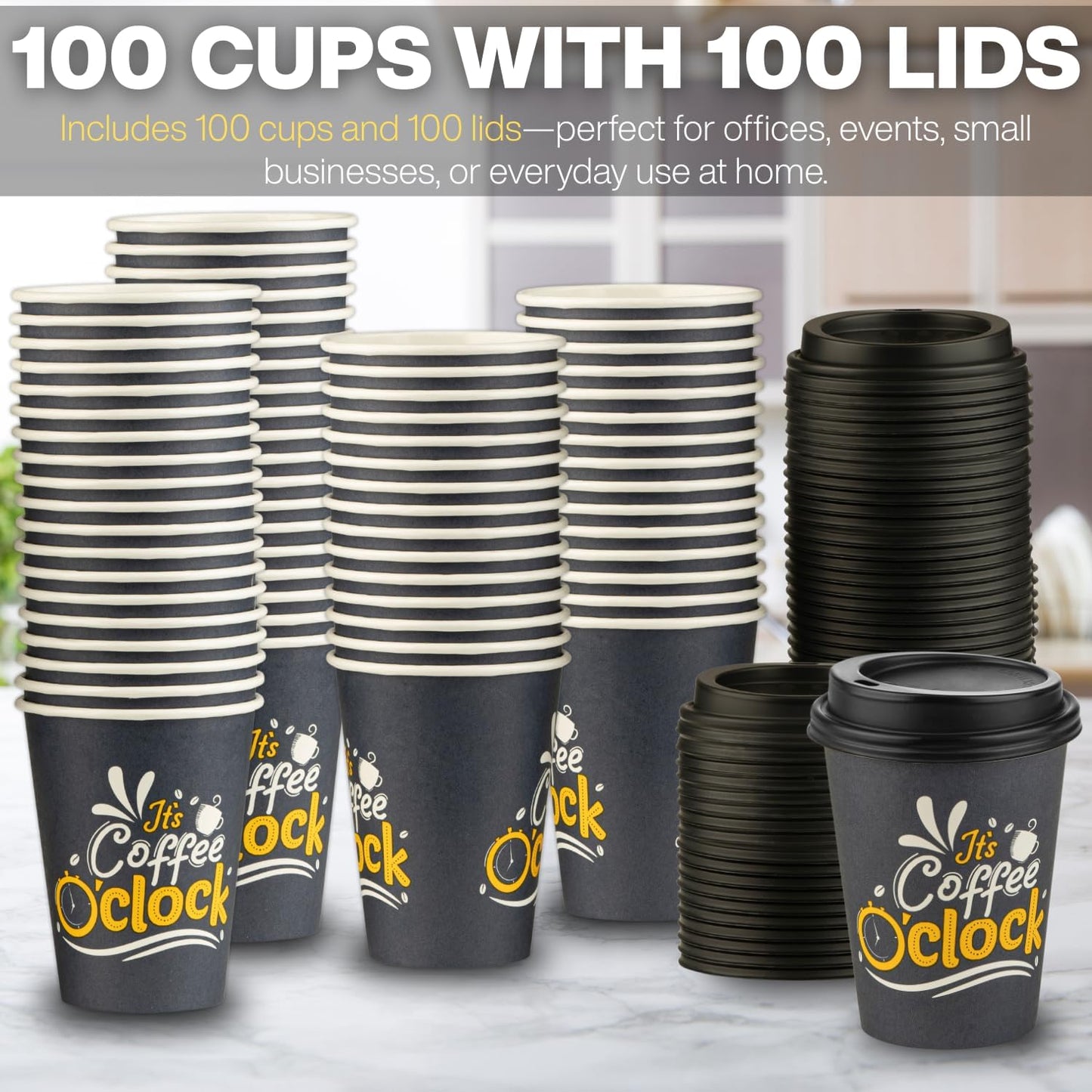 Smygoods Disposable Coffee Cups with Lids, To Go Paper Hot Cups, Coffee O'Clock Design (12 OZ, 100 Count) For Hot Beverages, Coffee, Tea, Espresso, Cocoa - Vasos Para Cafe