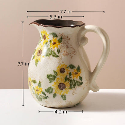 Vintage Vase with Handle, 7.6 Inch Ceramic Pitcher Sunflower Floral Vase, Rustic Farmhouse Vases for Grandma Core Home Decor, Bookshelf Office Tuscan Decor (Large Teapot)
