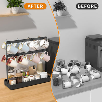 RCHYFEED Countertop Coffee Cup Holder, Aluminum Alloy Mug Holder Organizer with 16 Movable Hooks, 2 Tier Mug Tree Stand Rack with Storage Basket for K Cup Coffee Bar Kitchen