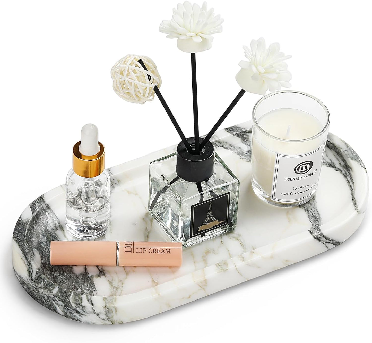 Natural Marble Vanity Tray - Moujings Genuine Marble Perfume Tray for Bathroom Decor, Stone Bathroom Vanity Organizer Tray for Kitchen Counter, Candles, Jewelry, Coffee, Makeup, Key