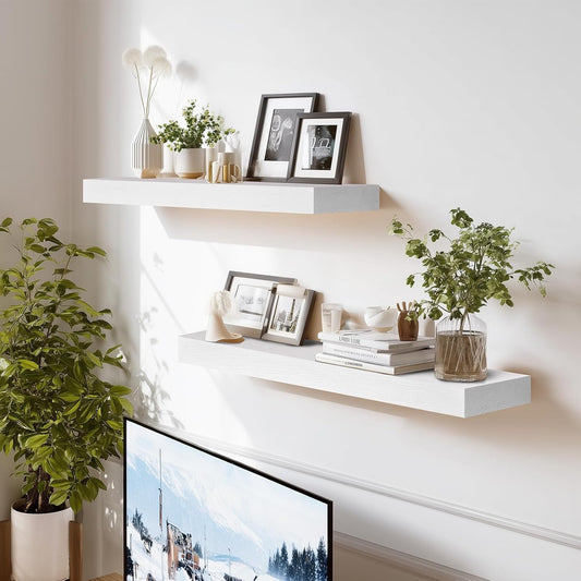 24x8x1.6 inch Floating Shelves Set of 2 – Solid Wood Rustic White Wall Mounted Shelf for Kitchen, Bathroom, Living Room