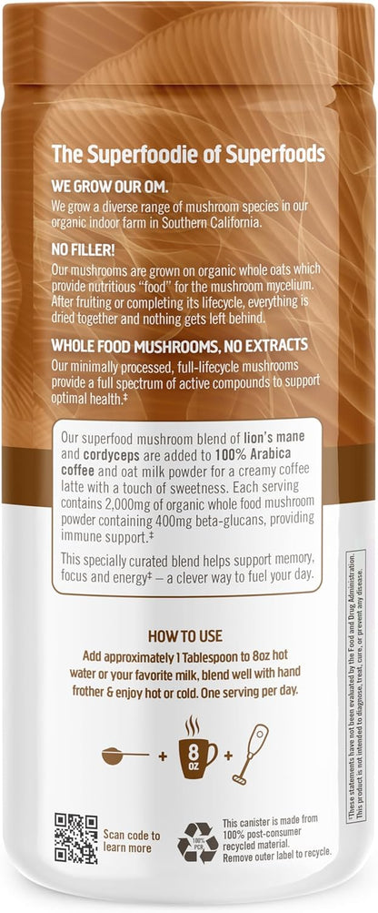 OM MUSHROOM SUPERFOOD Coffee Latte Blend Mushroom Powder, 8.47 Ounce Canister, 30 Servings, Lion's Mane, Cordyceps, Reishi, Chaga, Energy & Mental Clarity Support Supplement