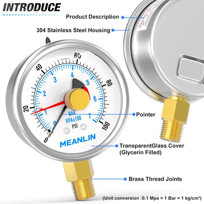 MEANLIN MEASURE 0~100Psi Stainless Steel 1/4" NPT 2.5" FACE DIAL with Reset Pointer Liquid Filled Pressure Gauge WOG Water Oil Air, Lower Mount, with 1/8" x 1/4" NPT and 1/8" x 3/8" NPT Hex Bushing