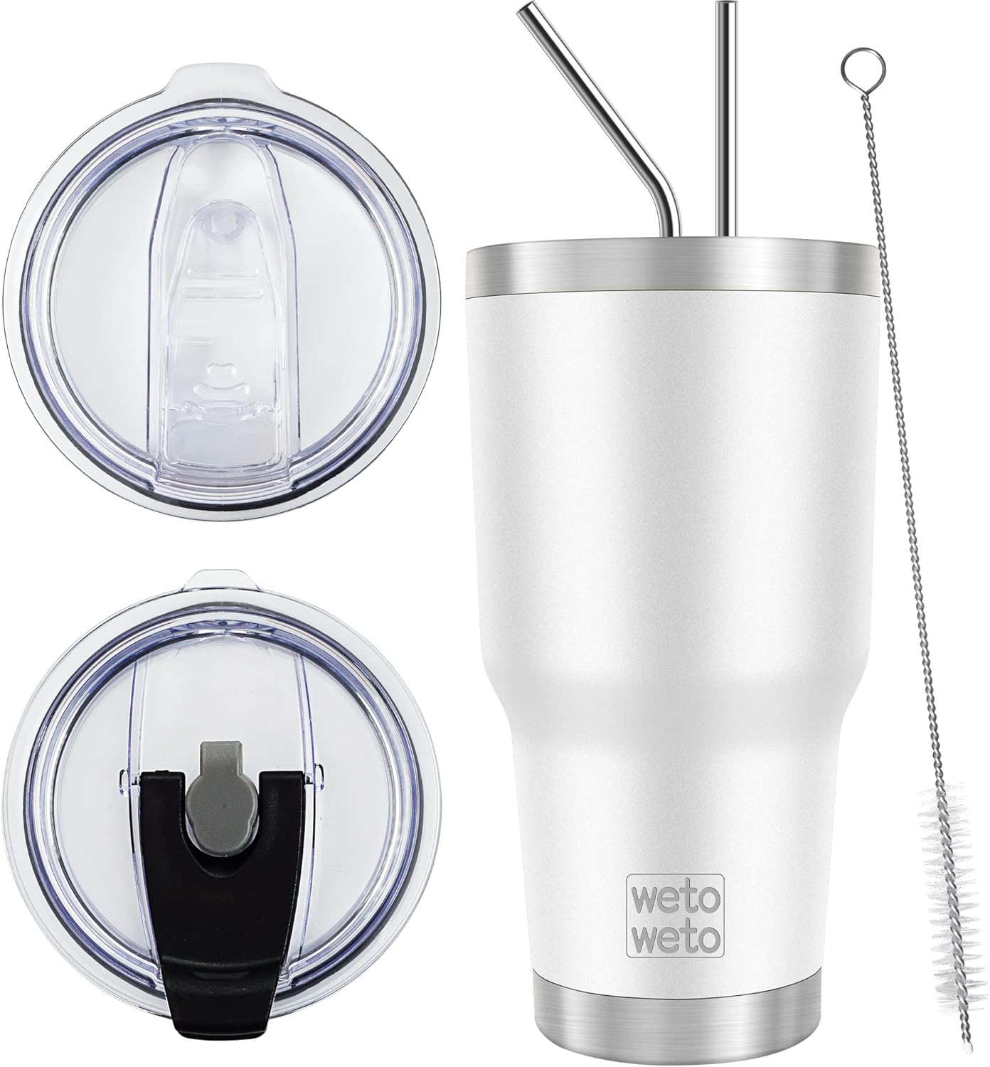 WETOWETO 30 oz Stainless Steel Tumbler, Insulated Coffee Tumbler Cup with 2 Lids and 2 Straws, Double Walled Travel Coffee Mug for Hot & Cold Drinks (White, 1 Pack)