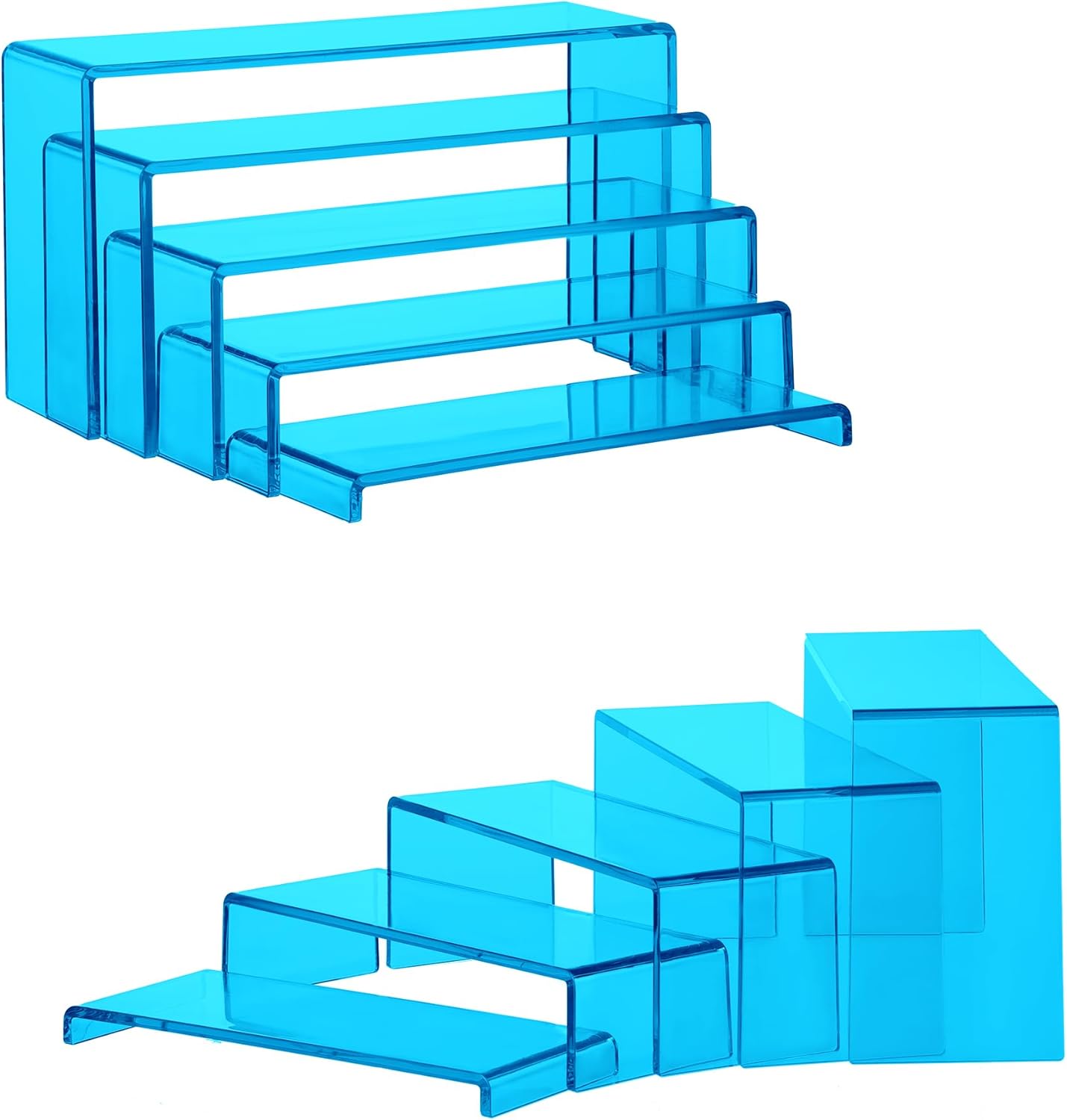 Goabroa Acrylic Display Risers, 2 Sets 10 Pcs Risers Display Stands, Rectangular Acrylic Shelves for Figures, Cupcake, Wine Glass and Handbag display, Transparent Cyan