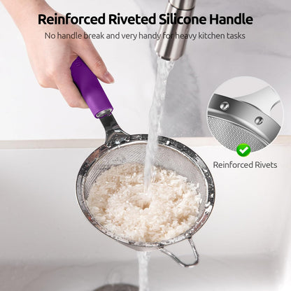 U-Taste Medium Fine Mesh Strainer: 18/8 Stainless Steel 4.73in 30 Mesh Kitchen Food Sieve with Sturdy Riveted Silicone Handle, Heavy Duty Deep Handheld Metal Colander for Rice, Quinoa, Flour (Purple)