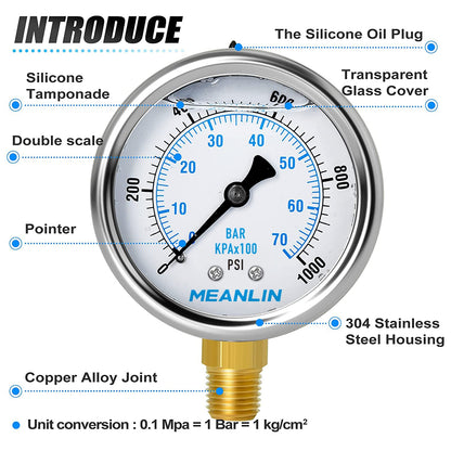 MEANLIN MEASURE 0~1000Psi Stainless Steel 1/4" NPT 2.5" FACE DIAL Liquid Filled Pressure Gauge WOG Water Oil Air Lower Mount, with 1/4" x 1/2" NPT and 1/4" x 3/8" NPT Hex Bushing