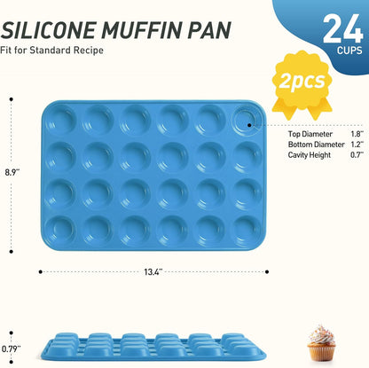 2 Pack 24 Cups Silicone Mini Muffin Pan with Metal Reinforced Frame Silicone Molds Cupcake Pans Tray Egg Bites Circle Cookie Molds Muffin Tin Tart Pans Baking Sheet Set for Breakfast Sandwiches