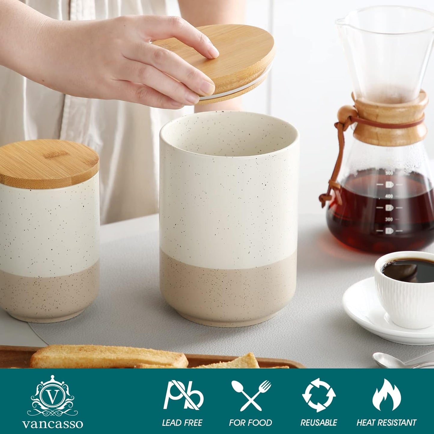 vancasso Sabine Large Ceramic Canister with Airtight Wood Lid - 74 oz Kitchen Food Storage Jar for Flour, Sugar, Coffee, Tea & Spices - Big Capacity Countertop Jar