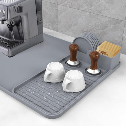 24''x16'' Silicone Coffee Mat with 6PCS Coasters,Counter Bar Mat with Detachable Dish Drying Mat for Kitchen Countertops,Coffee Bar Accessories (Grey, 24 x 16 inches)